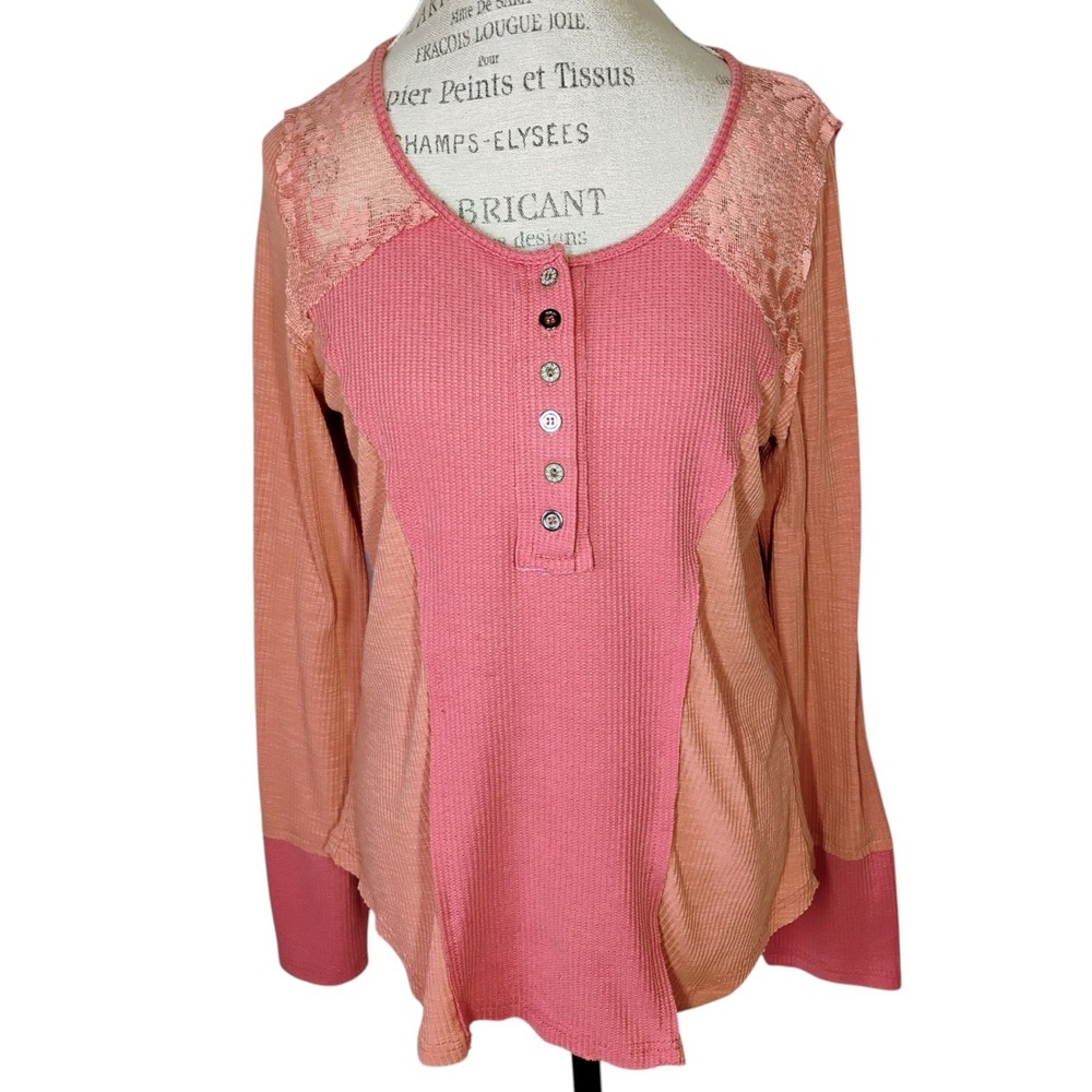 POL Waffle Knit Henley Shirt Womens Small Pink Lace Mixed Media Boho Bohemian